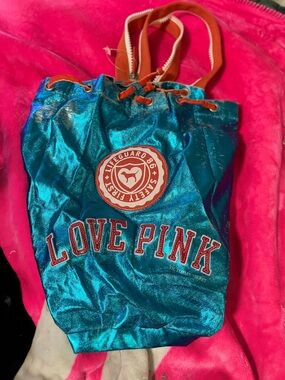 Victoria's Secret Love PINK Lifegaurd Blue Metallic Drawstring bag Accents
